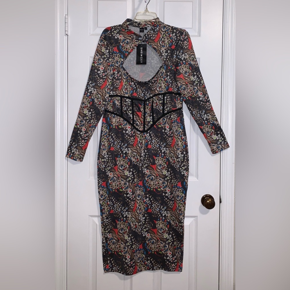 SHEIN SXY Black With Multicolor Butterflies Bodycon Shimmer Dress Size 1XL